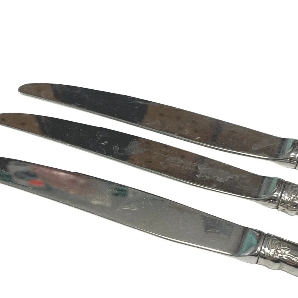 Silver Belle Rose Dinner Knives Set of 3 Floral Ornate Handle Victorian Unmarked